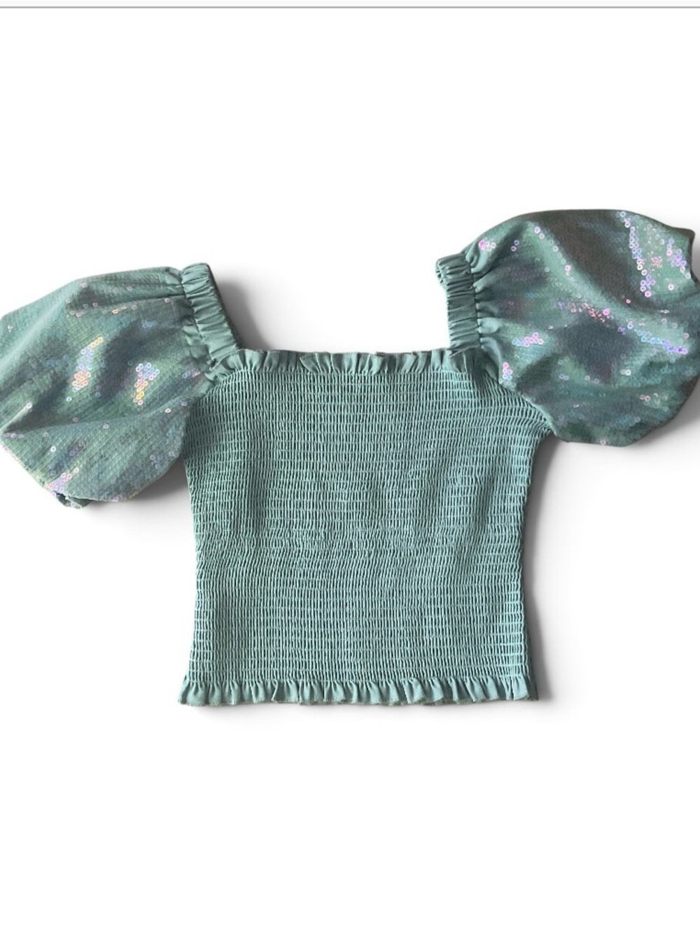 Queen of Sparkles women’s smocked top puff sleeves sequins fairy core mint green